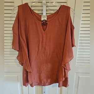 Late August Womens Open Shoulder Layered Blouse Boho Burnt Orange Medium